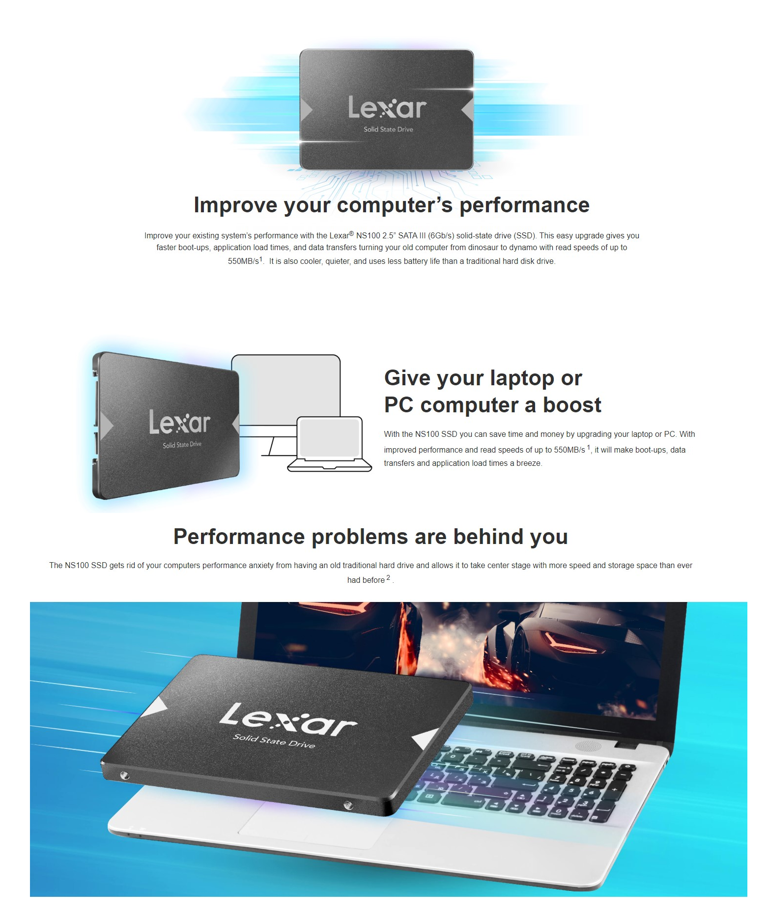 Lexar NS100 1 TB 2.5” SATA III (6Gb/s) Internal SSD, Up to 550 MB/s Sequential Read Speed & up to 500MB/s Write Speeds, 480 TBW Endurance, | LNS100-1TRB