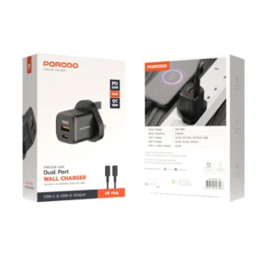 Porodo PD 20W USB QC3.0 UK Fast Charger With C to Lightning Cable With C to C Cable - Black